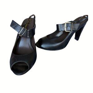 Cole Haan Nike Air Black Leather Peep Toe Slingback Heels Size 7.5 Comfort Work